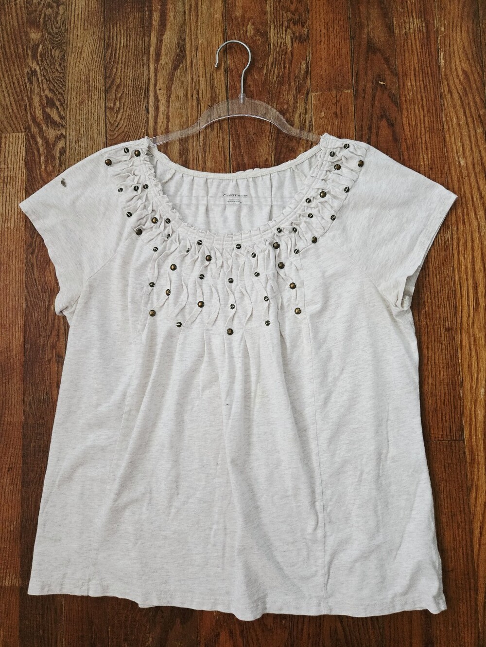 Charter Club Scoop Neck Top Size L Beige Studded Ruched Cap Sleeve Boho Festival